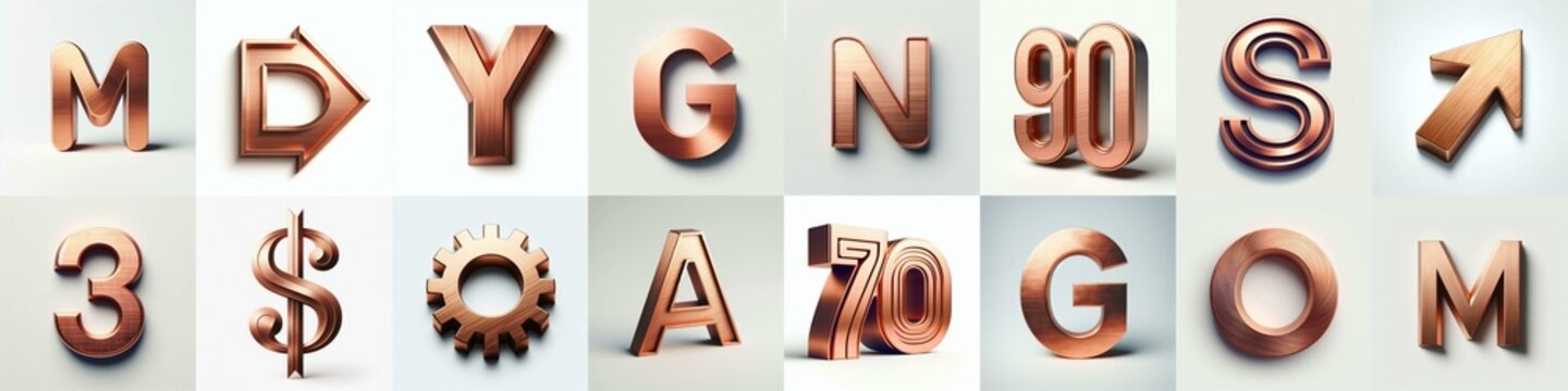 Brushed Copper metal Lettering Typeface. AI generated illustration