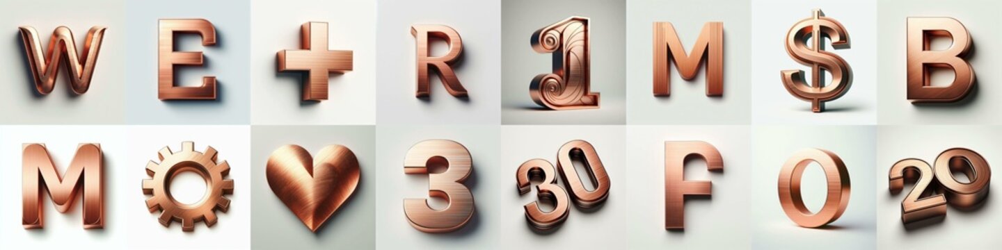 Brushed Copper metal Lettering Typeface. AI generated illustration