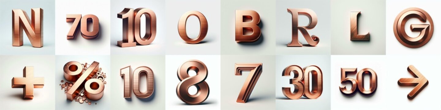 Brushed Copper metal Lettering Typeface. AI generated illustration