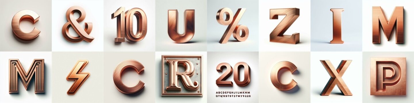Brushed Copper metal Lettering Typeface. AI generated illustration