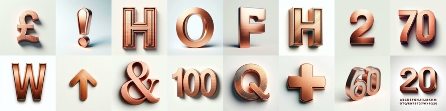 Brushed Copper metal Lettering Typeface. AI generated illustration