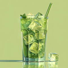 Wall Mural - A glass of green fluid with ice and straw on tableware