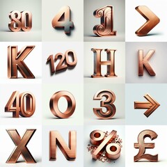 Brushed Copper metal Lettering Typeface. AI generated illustration