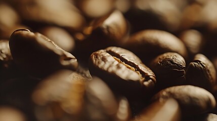 Wall Mural - Roasted coffee beans dolly shot. Aromatic coffee beans move slowly. Slide slow motion close-up of whole roasted coffee beans