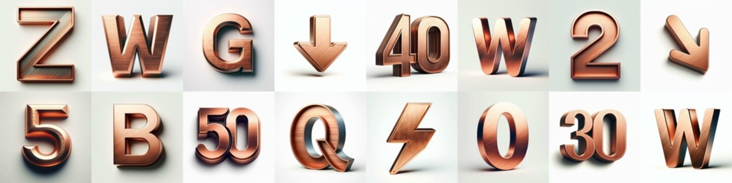 Brushed Copper metal Lettering Typeface. AI generated illustration