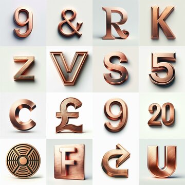 Brushed Copper metal Lettering Typeface. AI generated illustration