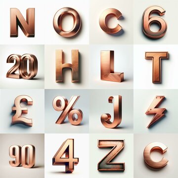 Brushed Copper metal Lettering Typeface. AI generated illustration