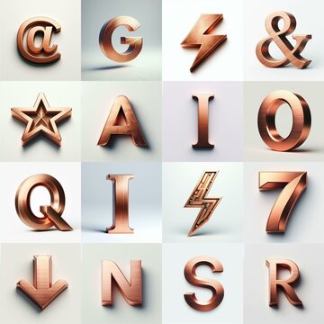 Brushed Copper metal Lettering Typeface. AI generated illustration