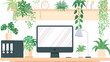 © Anton - modern workplace with computer monitor and houseplants near light wall in office isolated on white background, simple style, png
