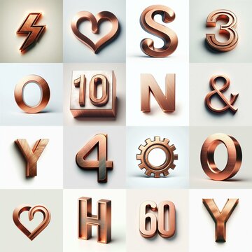 Brushed Copper metal Lettering Typeface. AI generated illustration