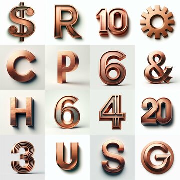 Brushed Copper metal Lettering Typeface. AI generated illustration