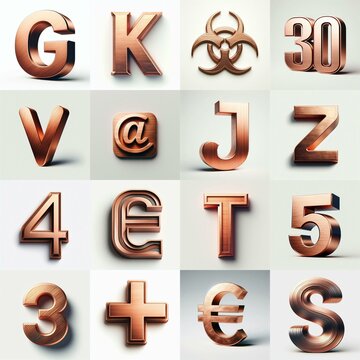 Brushed Copper metal Lettering Typeface. AI generated illustration