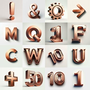 Brushed Copper metal Lettering Typeface. AI generated illustration
