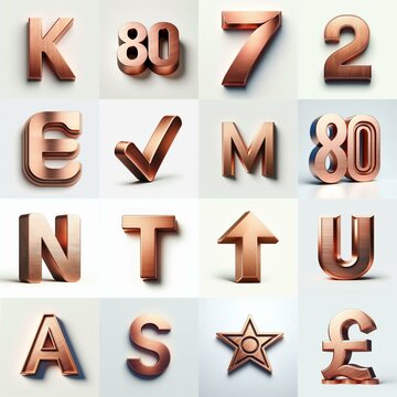 Brushed Copper metal Lettering Typeface. AI generated illustration