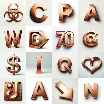 Brushed Copper metal Lettering Typeface. AI generated illustration