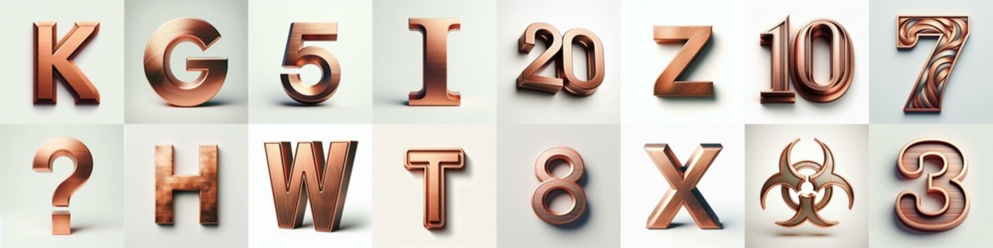 Brushed Copper metal Lettering Typeface. AI generated illustration