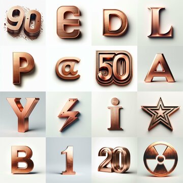 Brushed Copper metal Lettering Typeface. AI generated illustration
