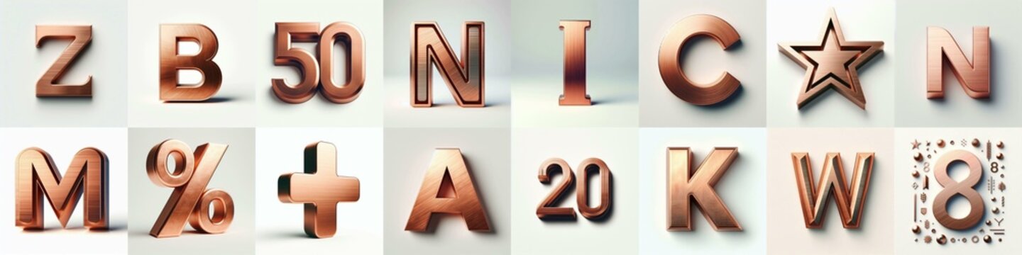 Brushed Copper metal Lettering Typeface. AI generated illustration