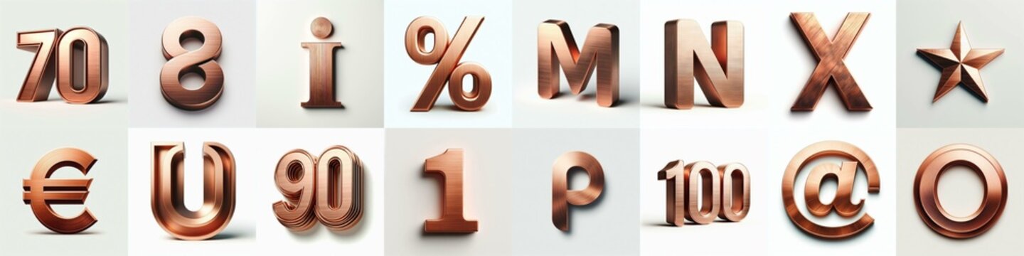 Brushed Copper metal Lettering Typeface. AI generated illustration