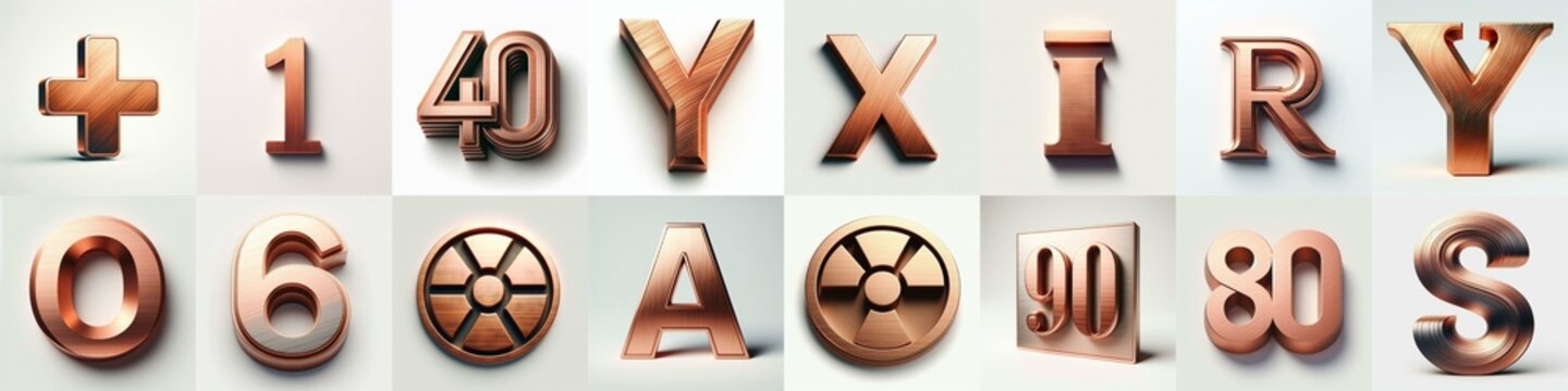 Brushed Copper metal Lettering Typeface. AI generated illustration