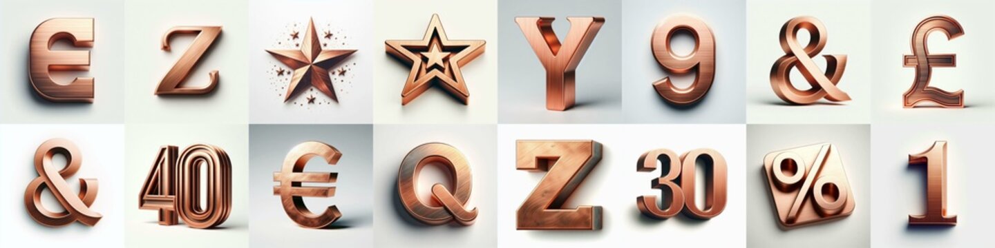 Brushed Copper metal Lettering Typeface. AI generated illustration