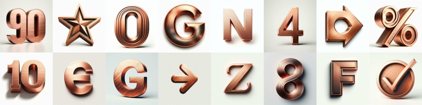 Brushed Copper metal Lettering Typeface. AI generated illustration