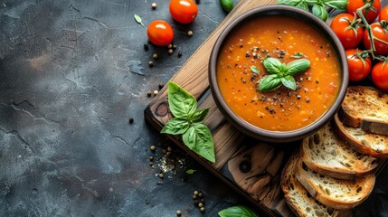 Tomato Basil Soup With Toasted Bread and Fresh Basil
