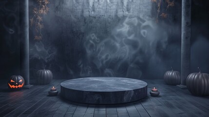 3D podium product presentation with halloween background for commercial, spooky halloween backdrop.
