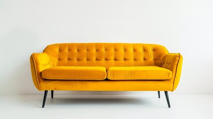 Wall Mural - A cozy fabric couch stands alone against a white wall, copy space, and a soft, empty yellow sofa against a white isolated background.