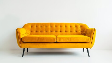 Poster - A cozy fabric couch stands alone against a white wall, copy space, and a soft, empty yellow sofa against a white isolated background.