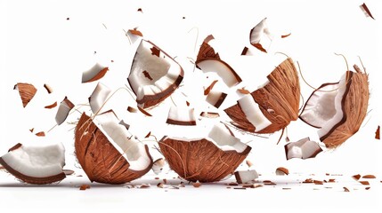 Poster - Dynamic explosion of cracked coconut pieces against white background. Close-up image showing textures of coconut shell and white flesh. AI