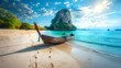 © Irina Ukrainets - Idyllic beach scene with a traditional wooden boat on sandy shore, blue waters, and towering rock formation in the background. Vivid colors and serene atmosphere make this image perfect. AI
