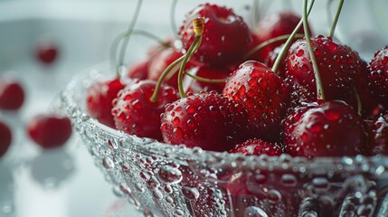 Close-up of fresh, red cherries with water droplets in a crystal bowl