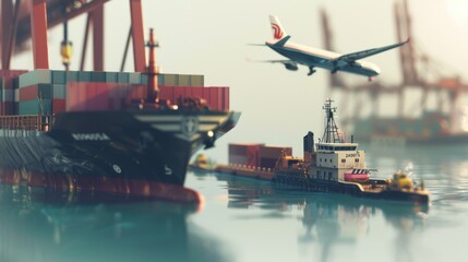 Cargo Ship and Airplane at Industrial Port, Generative AI