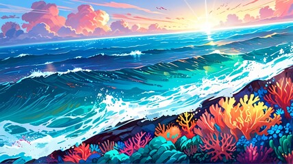 Illustration of a vivid underwater scene teeming with colorful coral reefs