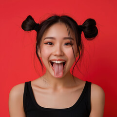 Happy Asian Japanese girl showing tongue on red background