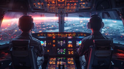 Wall Mural - futuristic scene with a Captain and First Officer piloting a nextgeneration airliner with advanced holographic displays and controls