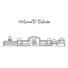 One continuous line drawing of Toulouse skyline vector illustration. Modern city in Europe in simple linear style vector design concept. One big city in France. Iconic architectural building design.