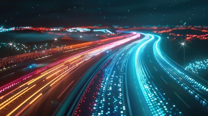 Poster - Visualization of data packets traveling at high speed along an illuminated highway, illustrating the concept of the Information Superhighway