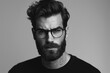 © Alona - Beard Model. Horizontal Black-and-White Portrait of Handsome Man in Spectacles