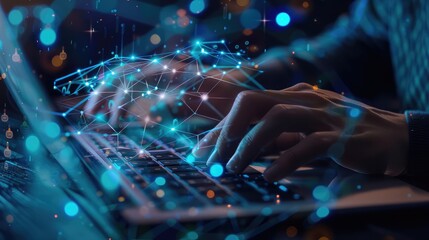 Poster - Close-up of a man's hands on a laptop keyboard, researching smart open AI concepts online