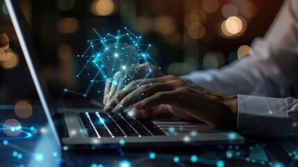 Poster - Close-up of a man's hands on a laptop keyboard, researching smart open AI concepts online