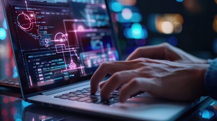 Poster - Close-up of a man's hands on a laptop keyboard, researching smart open AI concepts online