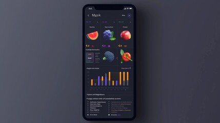 Poster - A close-up image of a smartphone screen showcasing a mobile app interface for tracking food consumption and analyzing dietary data.