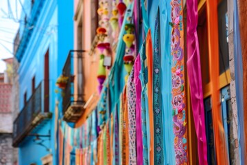 The front of an old blue building is covered in colored paper