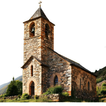 san martin de la cortinada church (pueblo cortinada) town of andorra, belonging to the parish of ordino isolated on white background, photo, png