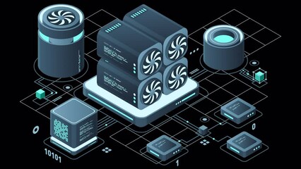 Poster - Isometric blockchain animation. Isometric cryptocurrency. Platform creation of digital currency. Big data technology in isometric. Transparent background with alpha channel