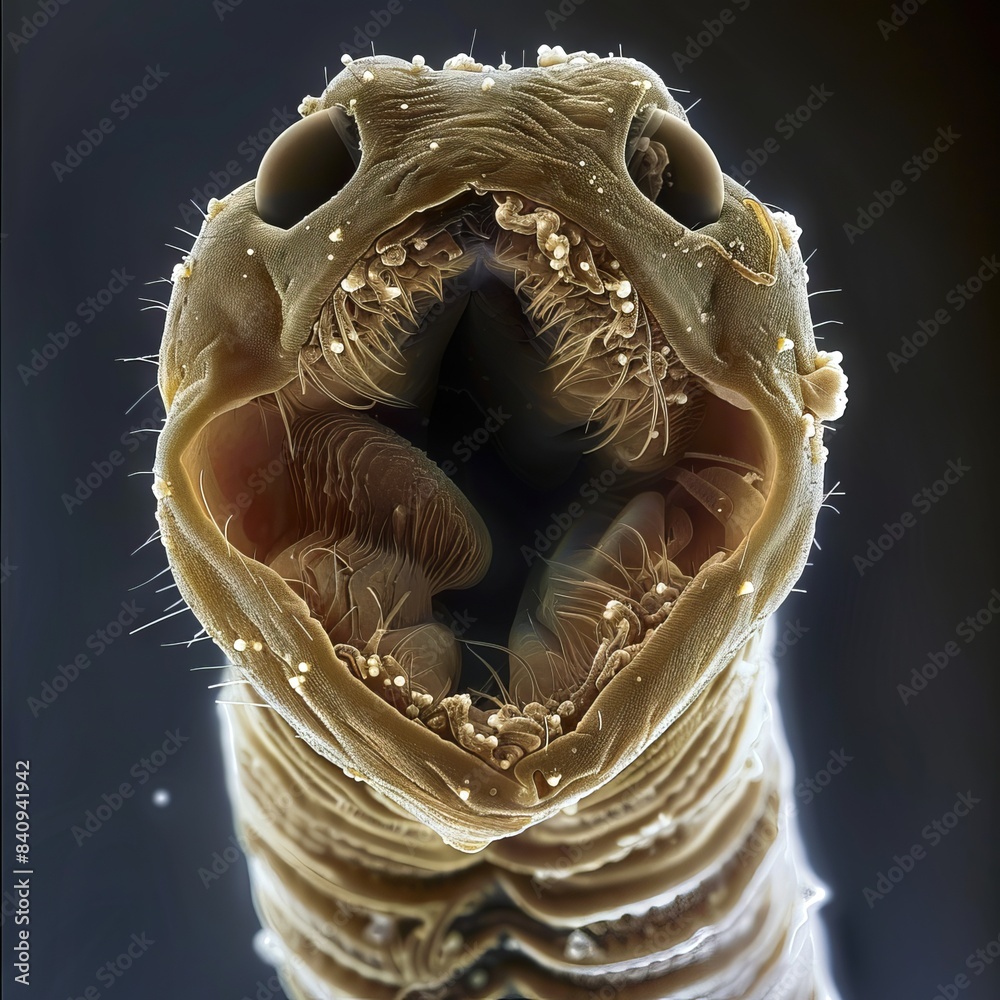 Worm Toothpick Microscopic view of bull tapeworm's mouth. Parasitic worm with multiple ...