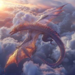 Flying through the sky is a dragon with the sun in the background