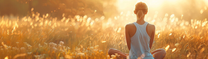 Wall Mural - Woman Meditating in a Sunlit Field